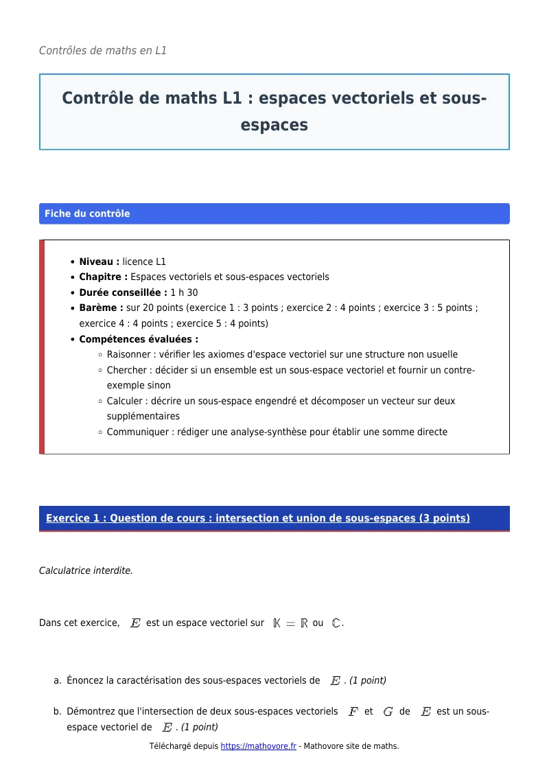 Contrôle de maths en L1 : Espaces vectoriels et sous-espaces à télécharger corrigé en PDF