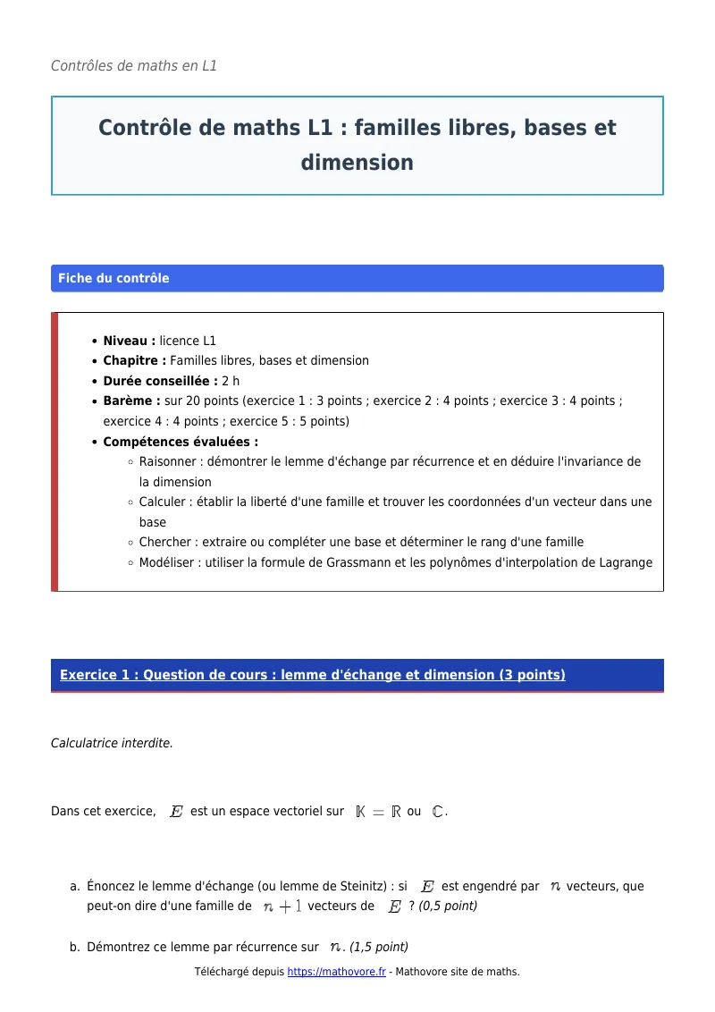Contrôle de maths en L1 : Familles libres, bases et dimension corrigé en PDF