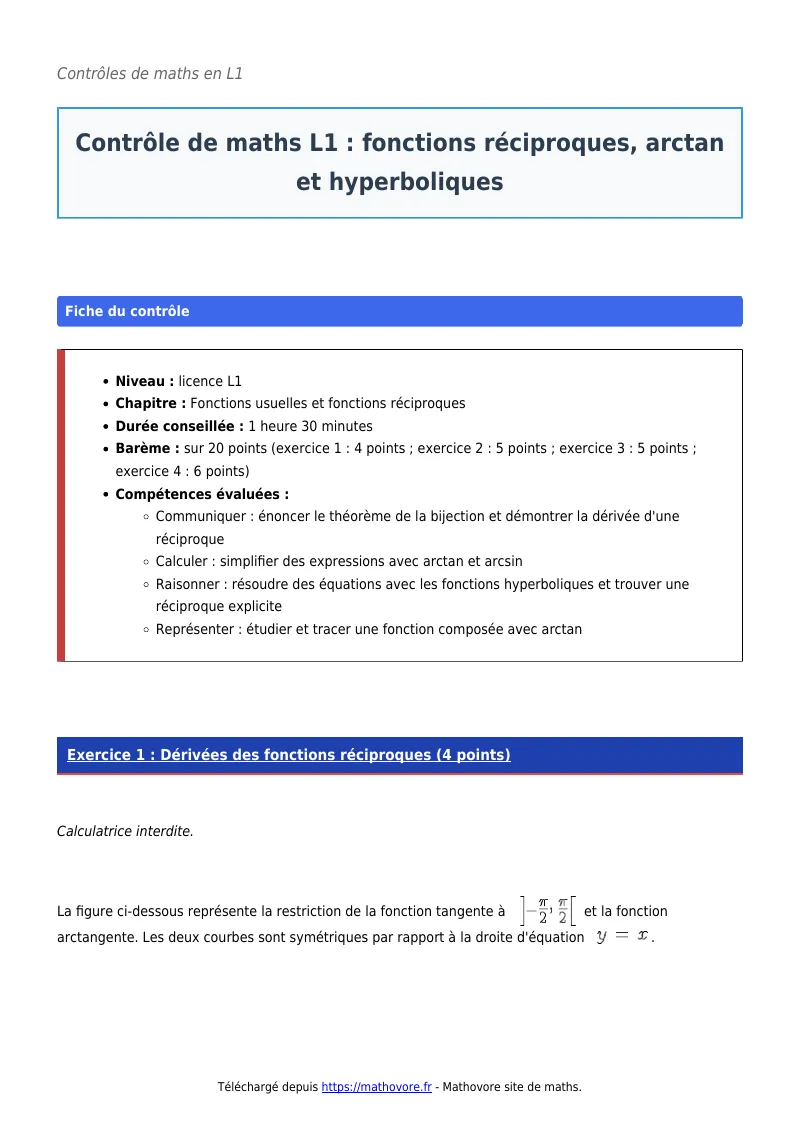 Contrôle de maths en L1 : Fonctions réciproques, arctan et hyperboliques à télécharger corrigé en PDF