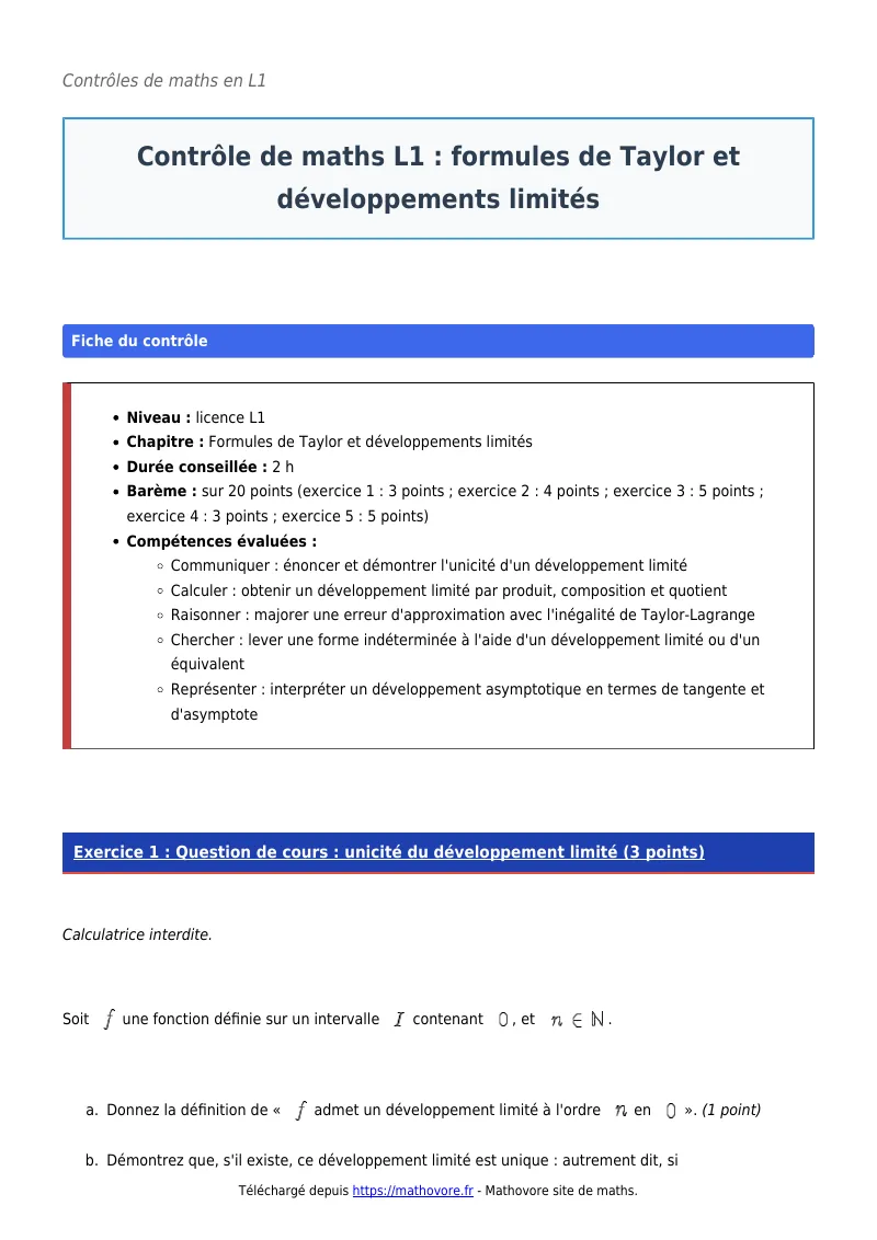 Contrôle de maths en L1 : Formules de Taylor et développements limités à télécharger corrigé en PDF
