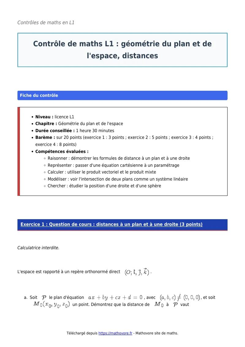 Contrôle de maths en L1 : Géométrie du plan et de l’espace, distances à télécharger corrigé en PDF