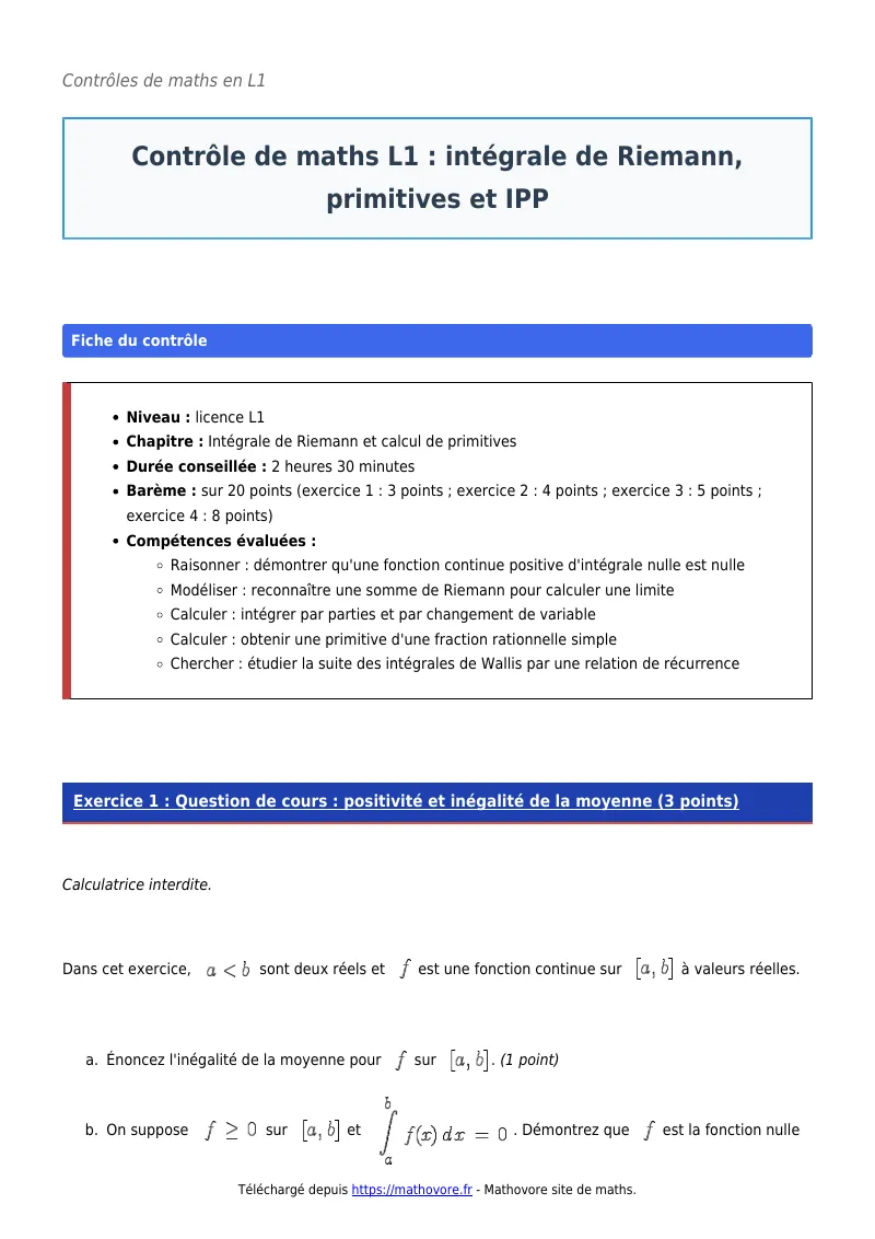 Contrôle de maths en L1 : Intégrale de Riemann, primitives et IPP à télécharger corrigé en PDF