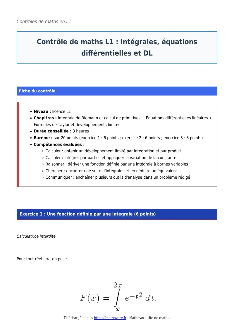 Contrôle de maths en L1 : Intégrales, équations différentielles et DL à télécharger corrigé en PDF