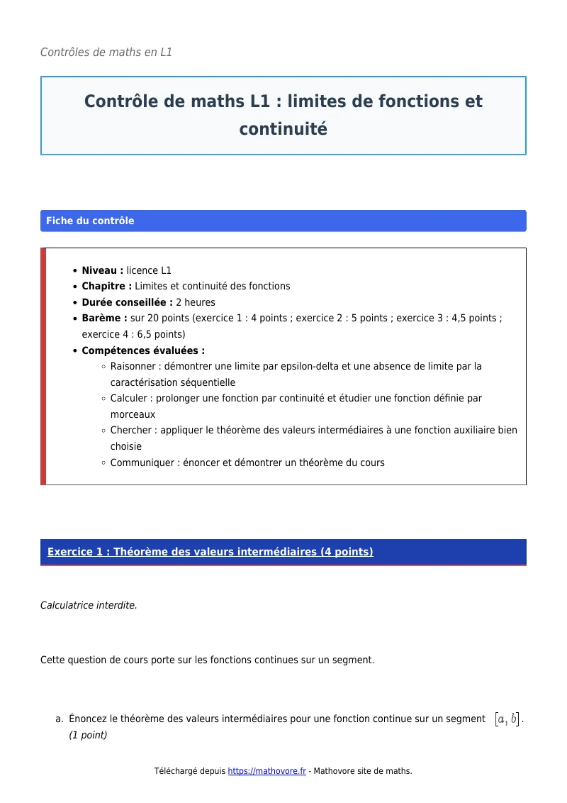 Contrôle de maths en L1 : Limites de fonctions et continuité à télécharger corrigé en PDF