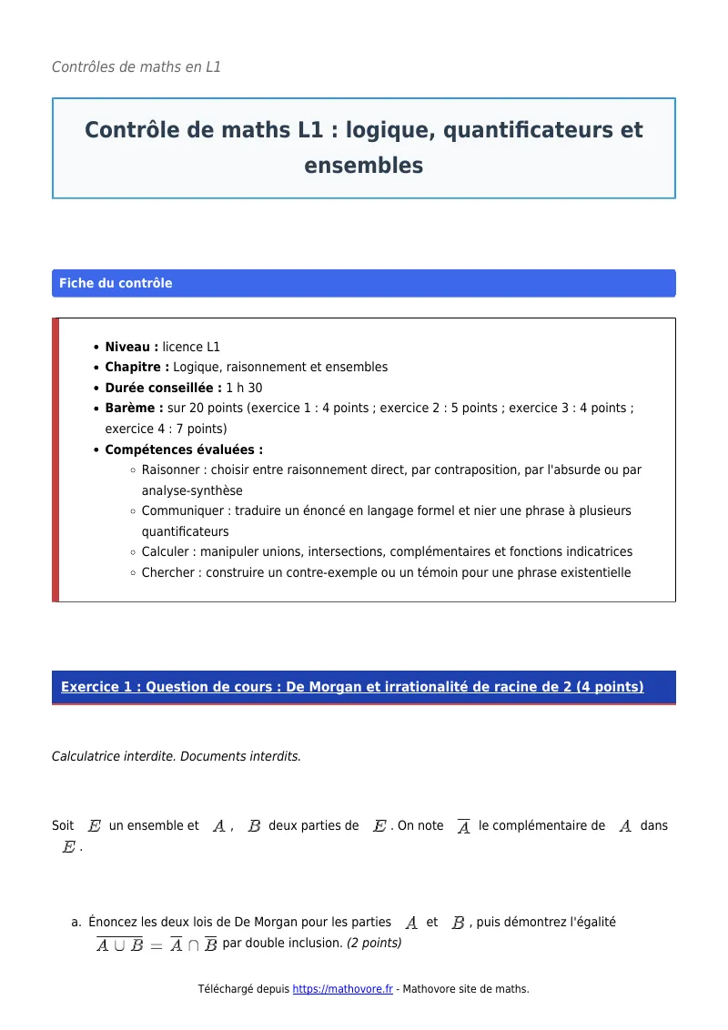 Contrôle de maths en L1 : Logique, quantificateurs et ensembles à télécharger corrigé en PDF