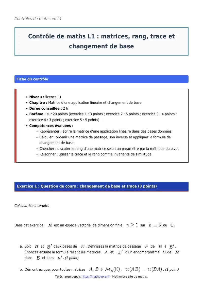 Contrôle de maths en L1 : Matrices, rang, trace et changement de base corrigé en PDF