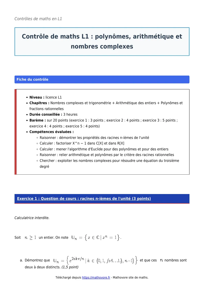Contrôle de maths en L1 : Polynômes, arithmétique et nombres complexes à télécharger corrigé en PDF
