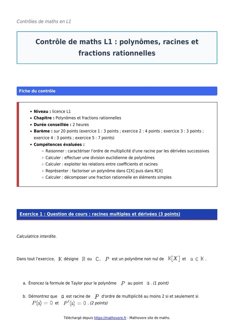 Contrôle de maths en L1 : Polynômes, racines et fractions rationnelles corrigé en PDF