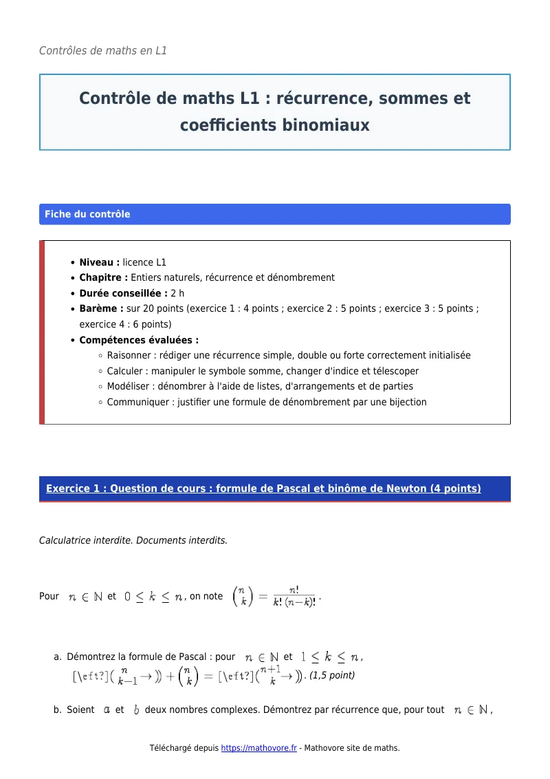 Contrôle de maths en L1 : Récurrence, sommes et coefficients binomiaux corrigé en PDF