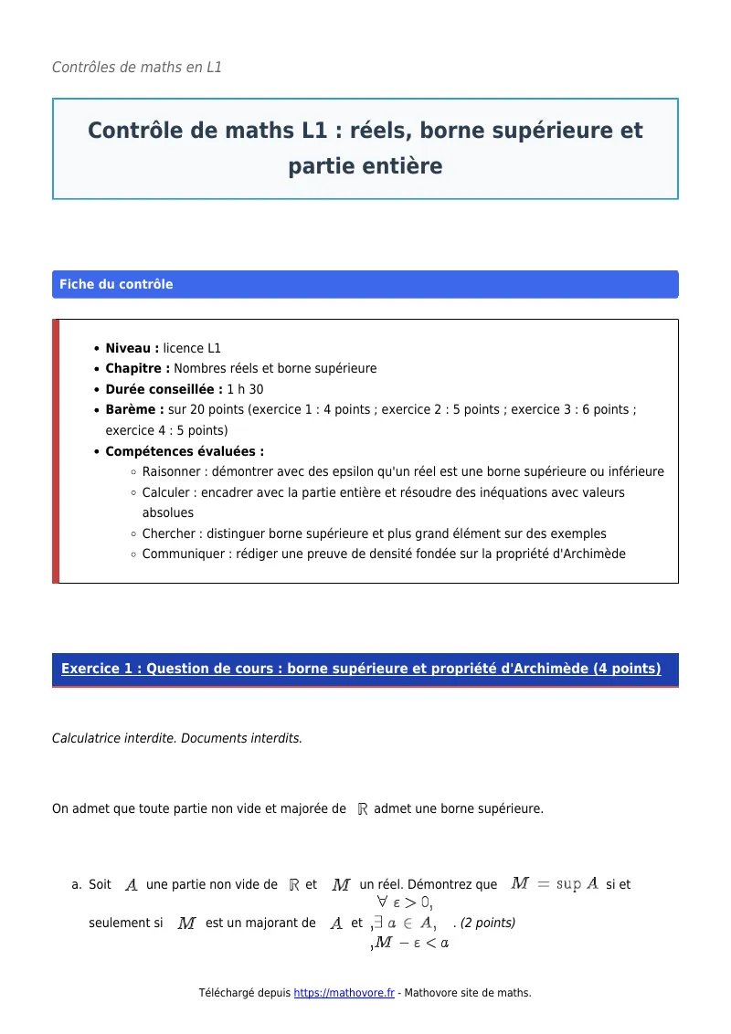 Contrôle de maths en L1 : Réels, borne supérieure et partie entière à télécharger corrigé en PDF