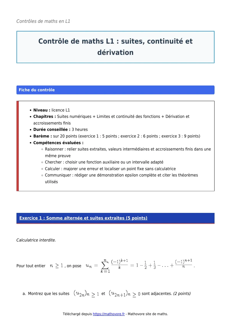 Contrôle de maths en L1 : Suites, continuité et dérivation à télécharger corrigé en PDF