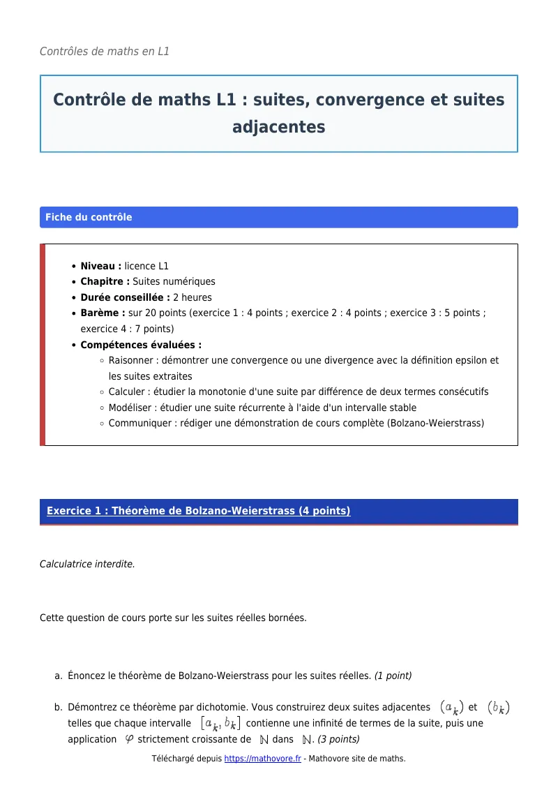 Contrôle de maths en L1 : Suites, convergence et suites adjacentes à télécharger corrigé en PDF