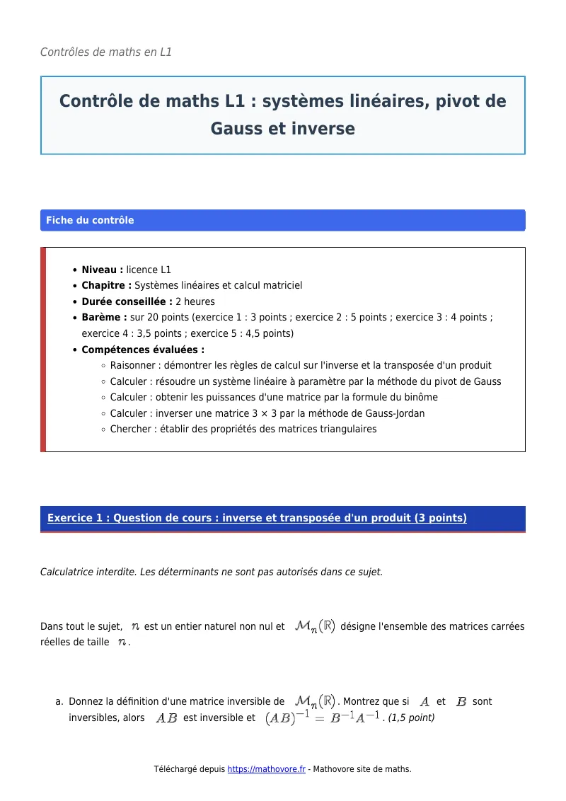 Contrôle de maths en L1 : Systèmes linéaires, pivot de Gauss et inverse corrigé en PDF