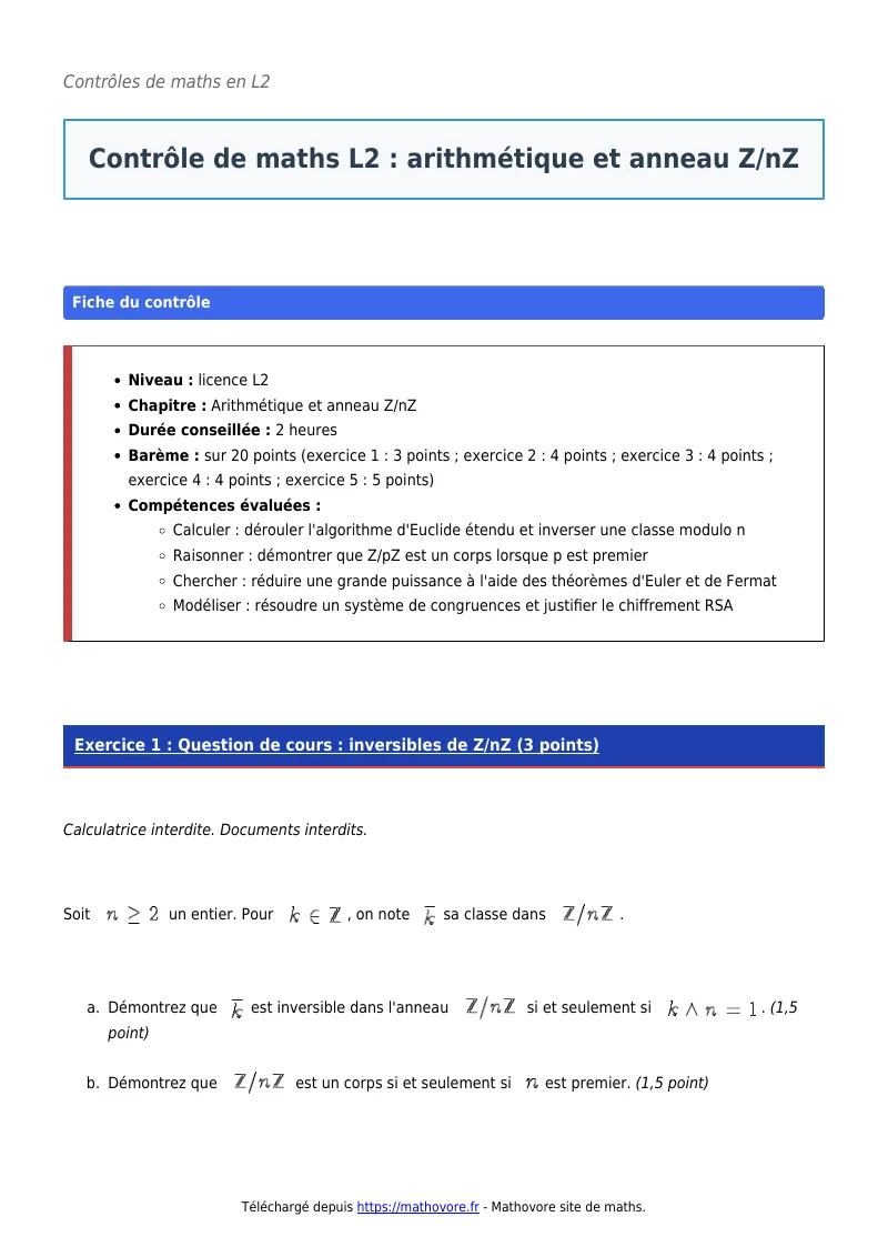 Contrôle de maths en L2 : Arithmétique et anneau Z/nZ corrigé en PDF