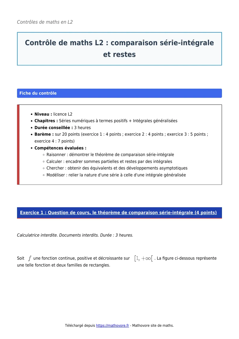 Contrôle de maths en L2 : Comparaison série-intégrale et restes corrigé en PDF