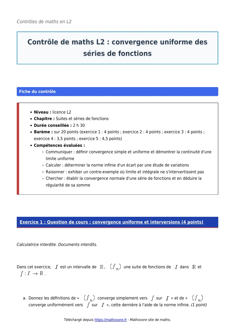 Contrôle de maths en L2 : Convergence uniforme des séries de fonctions corrigé en PDF