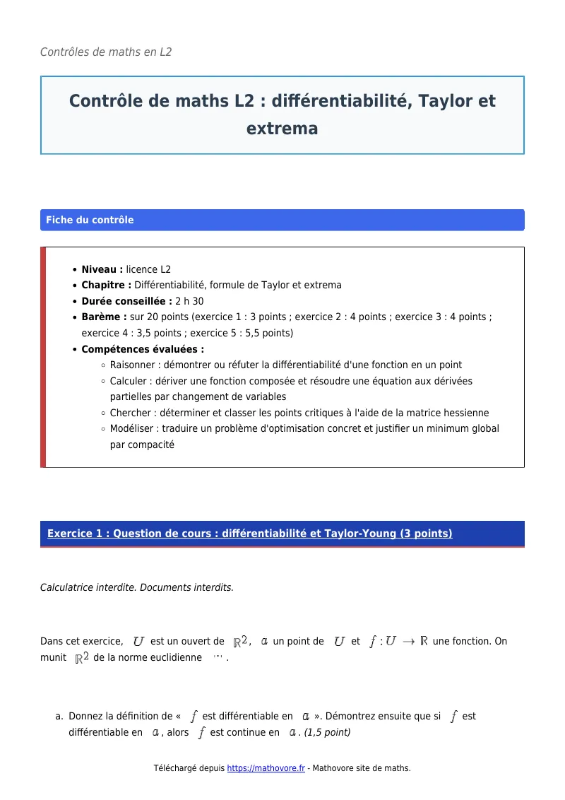 Contrôle de maths en L2 : Différentiabilité, Taylor et extrema corrigé en PDF