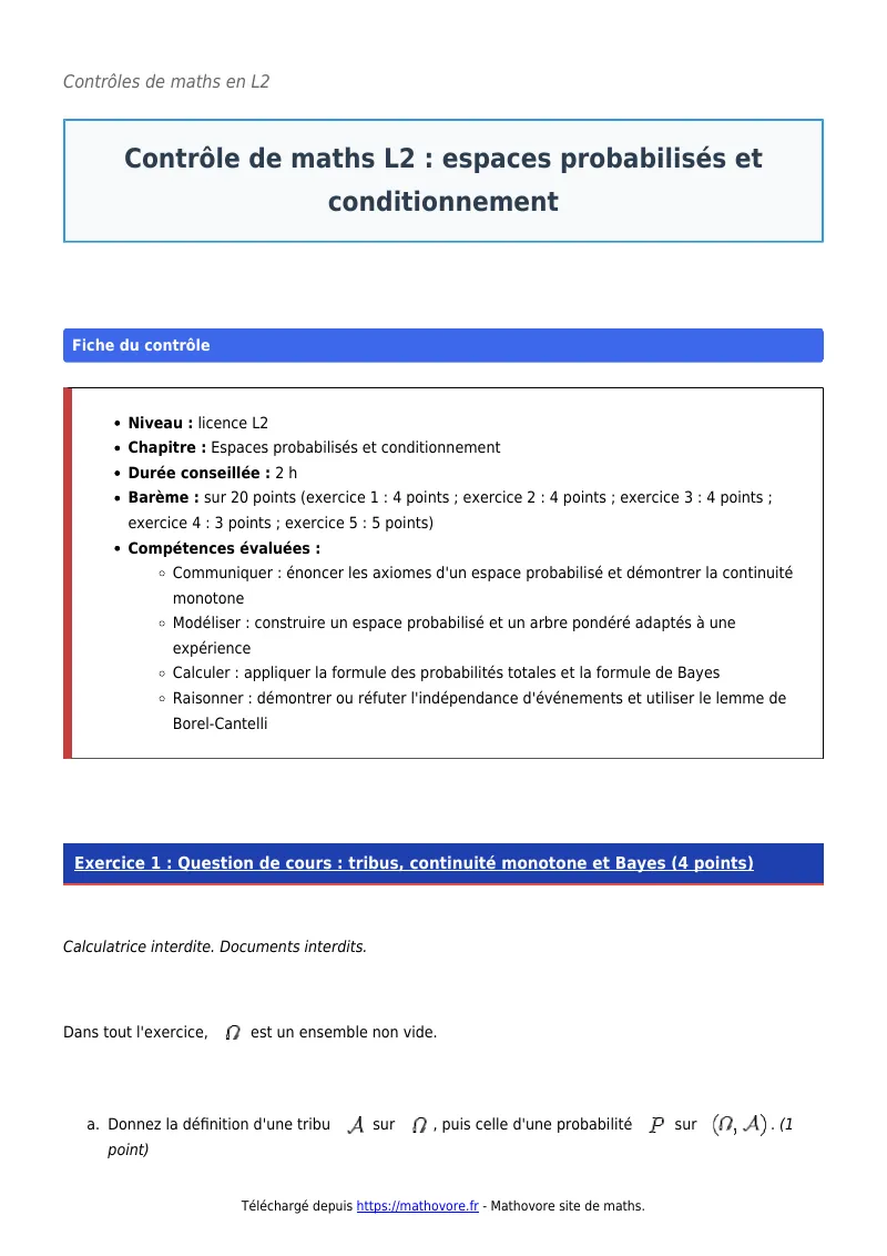 Contrôle de maths en L2 : Espaces probabilisés et conditionnement corrigé en PDF