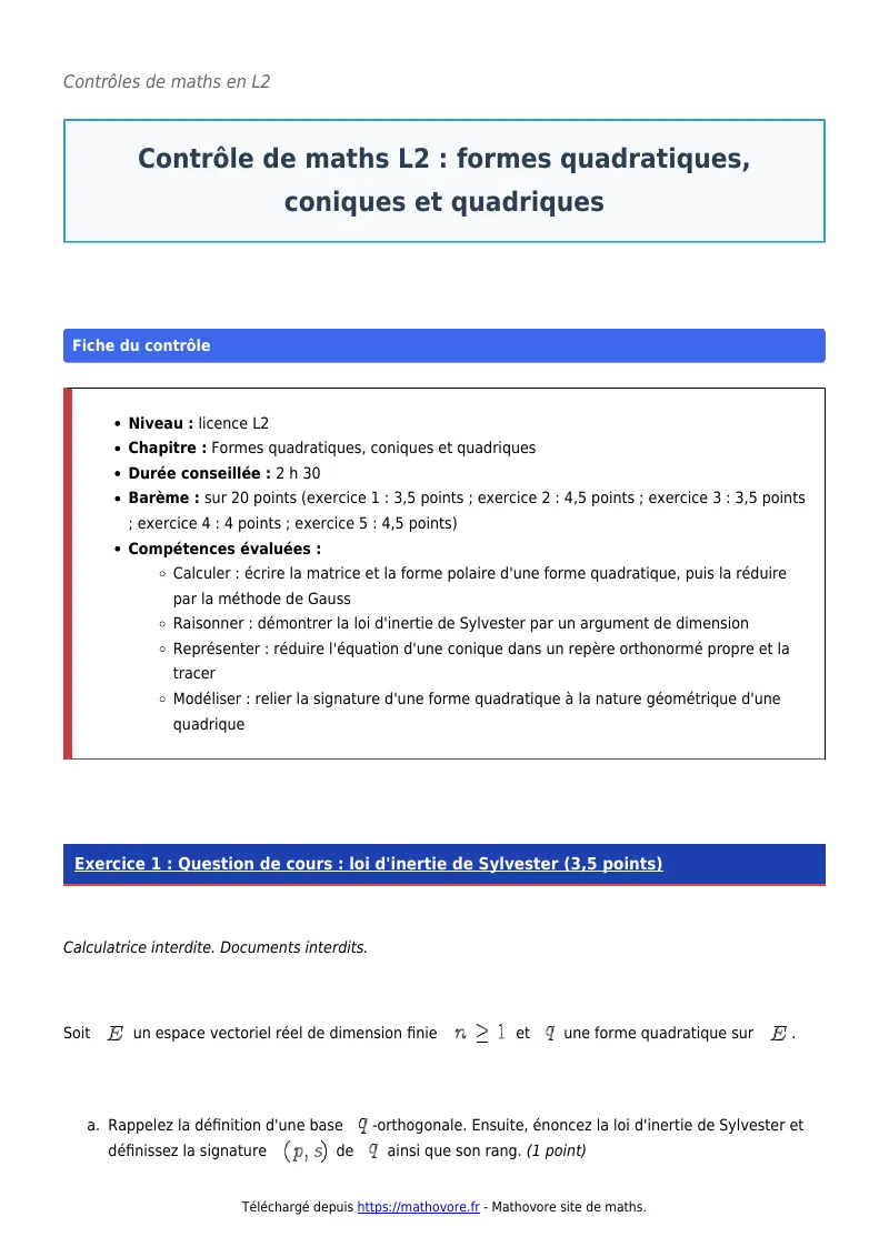 Contrôle de maths en L2 : Formes quadratiques, coniques et quadriques corrigé en PDF