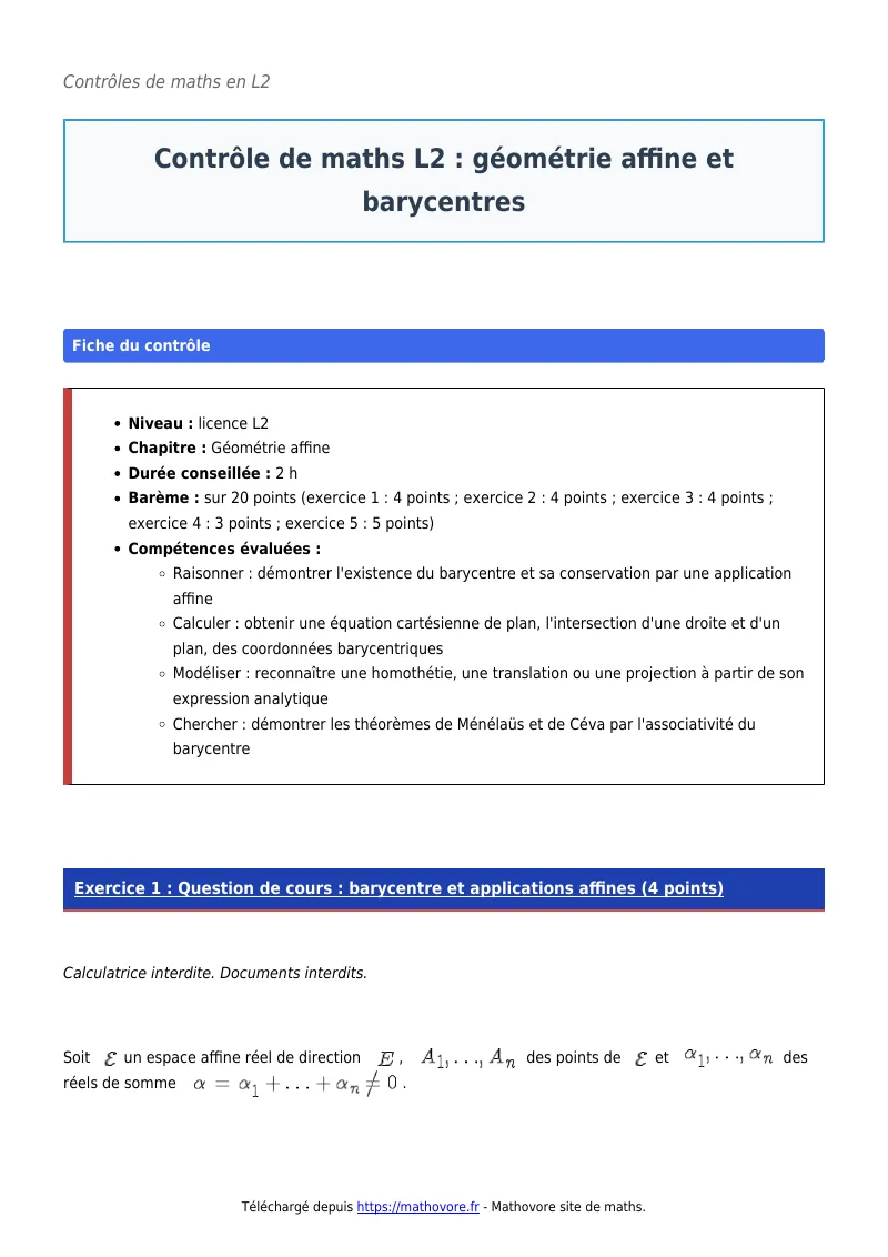 Contrôle de maths en L2 : Géométrie affine et barycentres corrigé en PDF