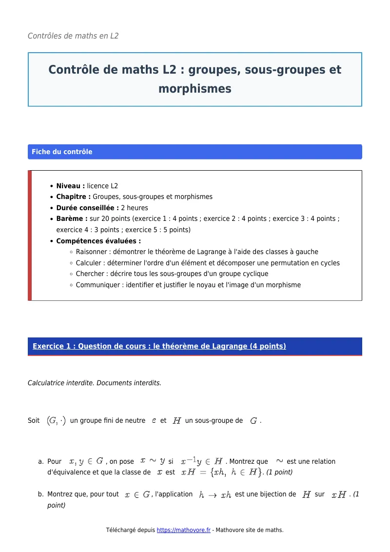 Contrôle de maths en L2 : Groupes, sous-groupes et morphismes corrigé en PDF
