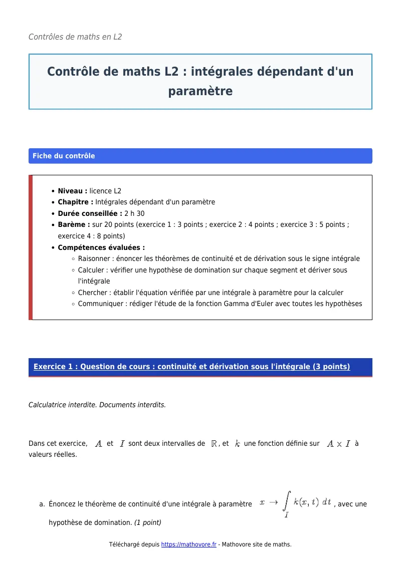 Contrôle de maths en L2 : Intégrales dépendant d’un paramètre corrigé en PDF