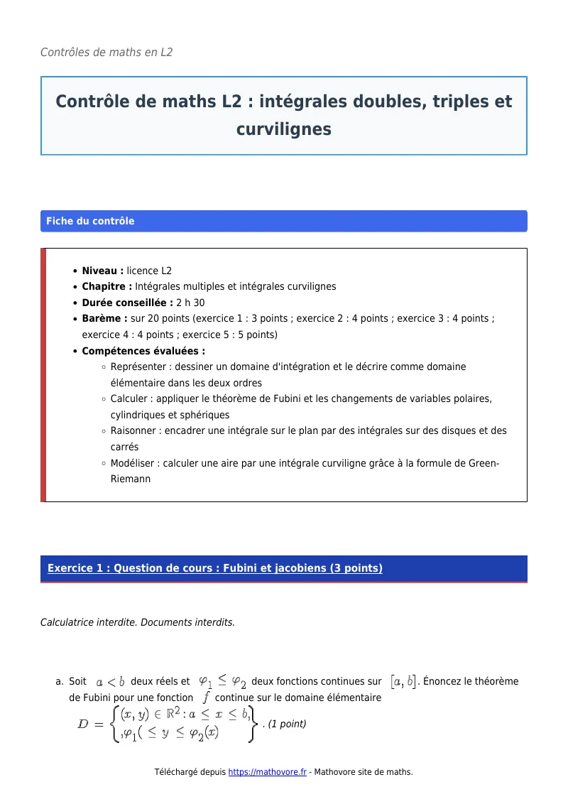 Contrôle de maths en L2 : Intégrales doubles, triples et curvilignes corrigé en PDF