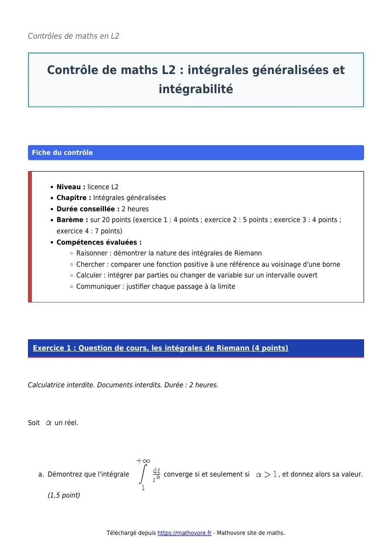 Contrôle de maths en L2 : Intégrales généralisées et intégrabilité corrigé en PDF