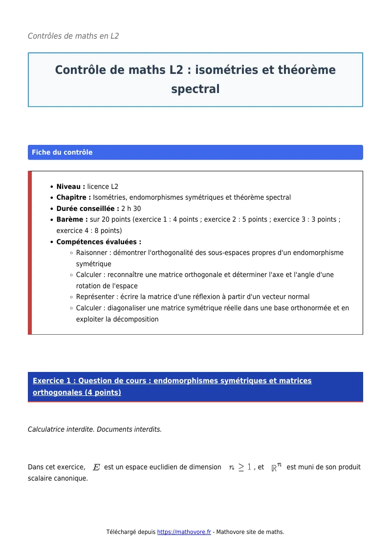 Contrôle de maths en L2 : Isométries et théorème spectral corrigé en PDF
