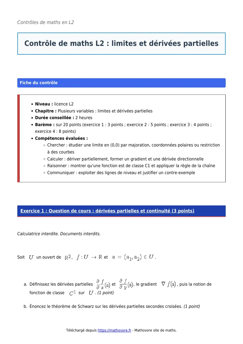 Contrôle de maths en L2 : Limites et dérivées partielles corrigé en PDF