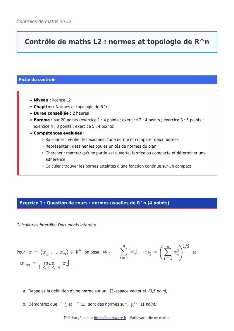 Contrôle de maths en L2 : Normes et topologie de R^n corrigé en PDF