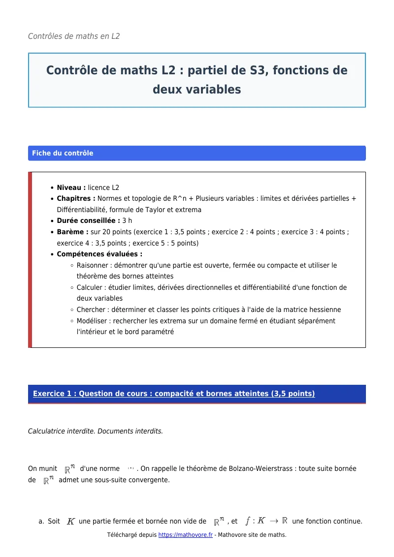 Contrôle de maths en L2 : Partiel de S3, fonctions de deux variables corrigé en PDF