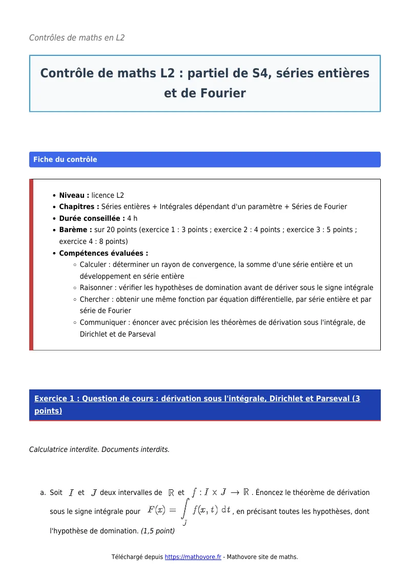 Contrôle de maths en L2 : Partiel de S4, séries entières et de Fourier corrigé en PDF