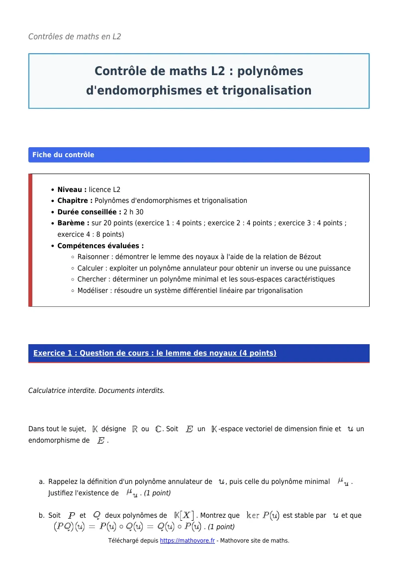 Contrôle de maths en L2 : Polynômes d’endomorphismes et trigonalisation corrigé en PDF