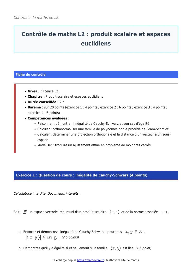 Contrôle de maths en L2 : Produit scalaire et espaces euclidiens corrigé en PDF