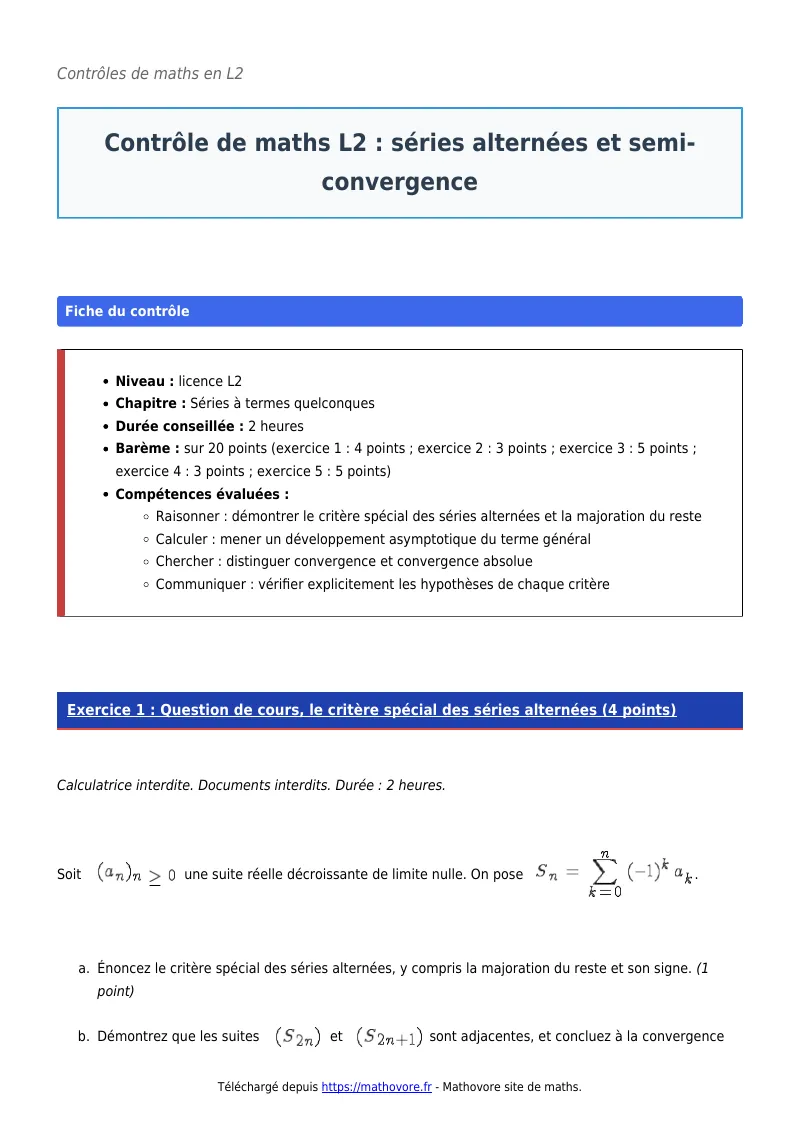 Contrôle de maths en L2 : Séries alternées et semi-convergence corrigé en PDF