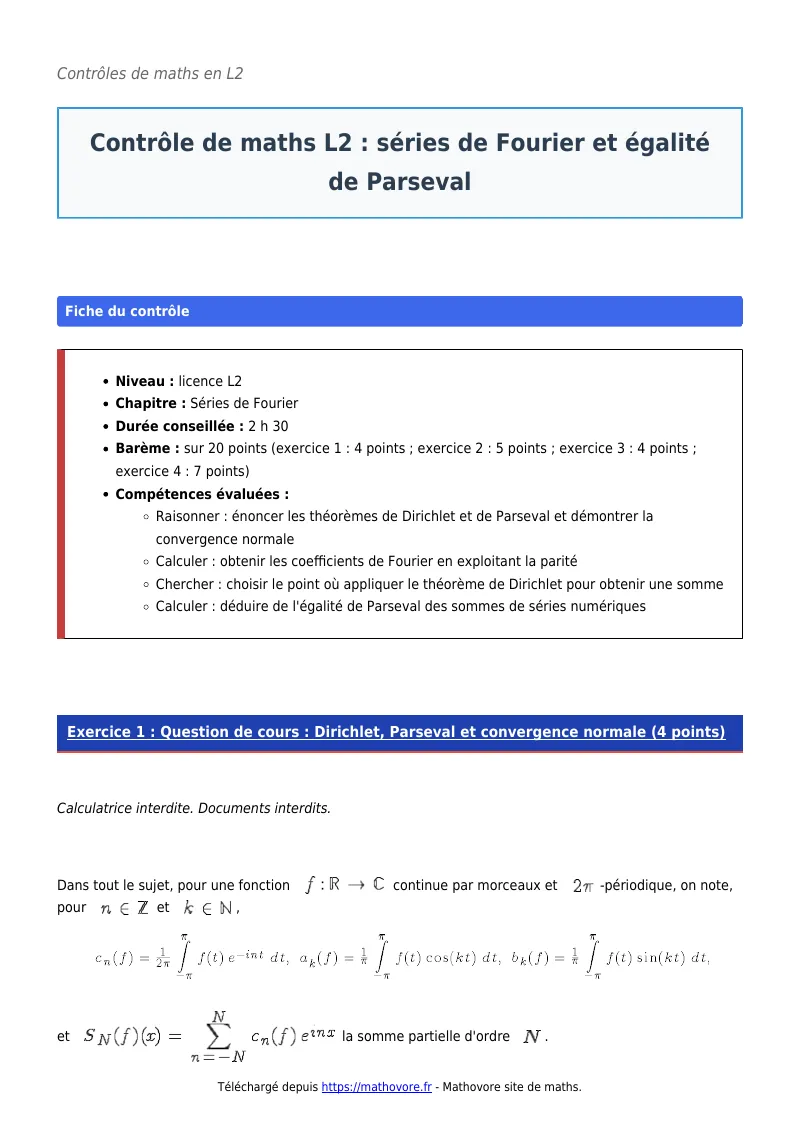 Contrôle de maths en L2 : Séries de Fourier et égalité de Parseval corrigé en PDF