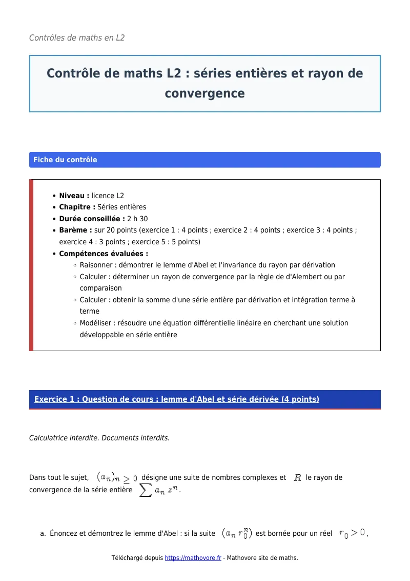 Contrôle de maths en L2 : Séries entières et rayon de convergence corrigé en PDF