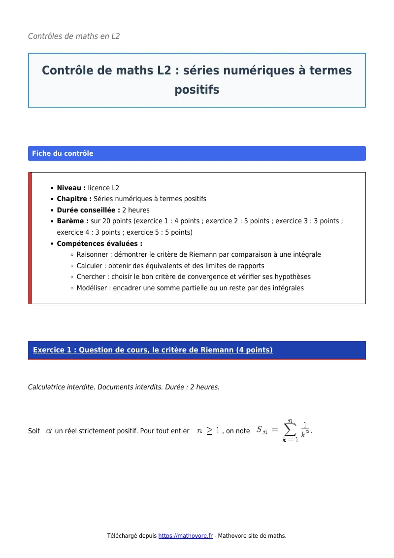 Contrôle de maths en L2 : Séries numériques à termes positifs corrigé en PDF