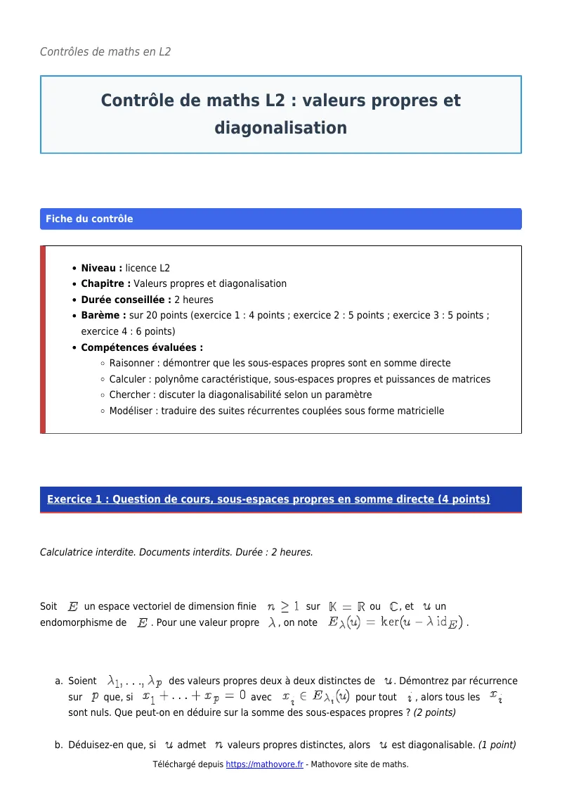 Contrôle de maths en L2 : Valeurs propres et diagonalisation corrigé en PDF