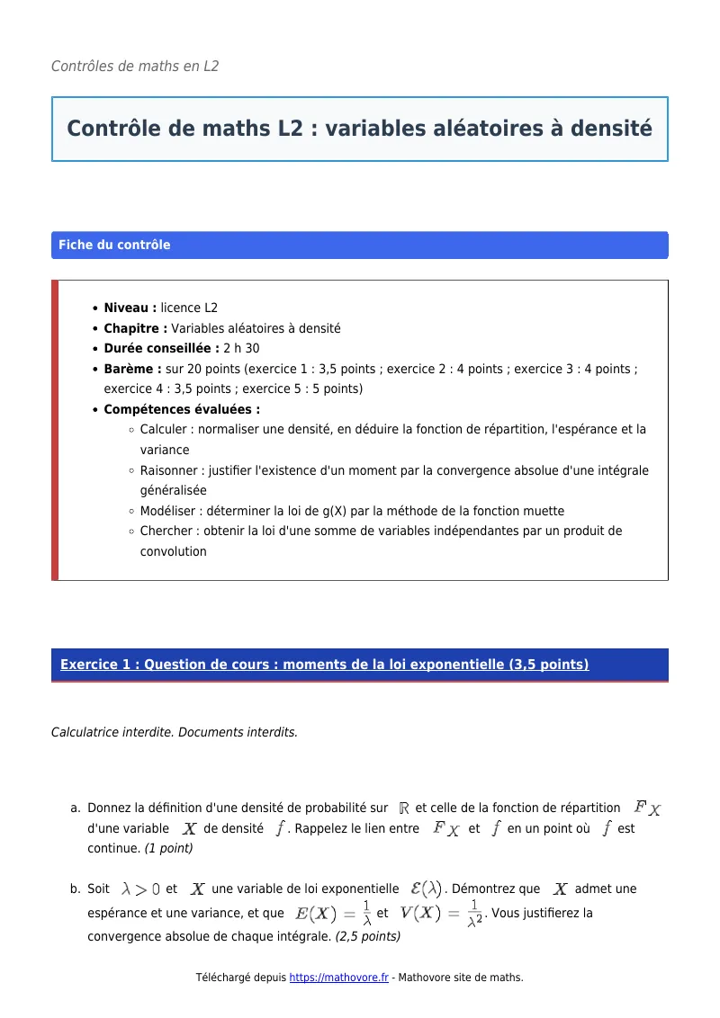 Contrôle de maths en L2 : Variables aléatoires à densité corrigé en PDF