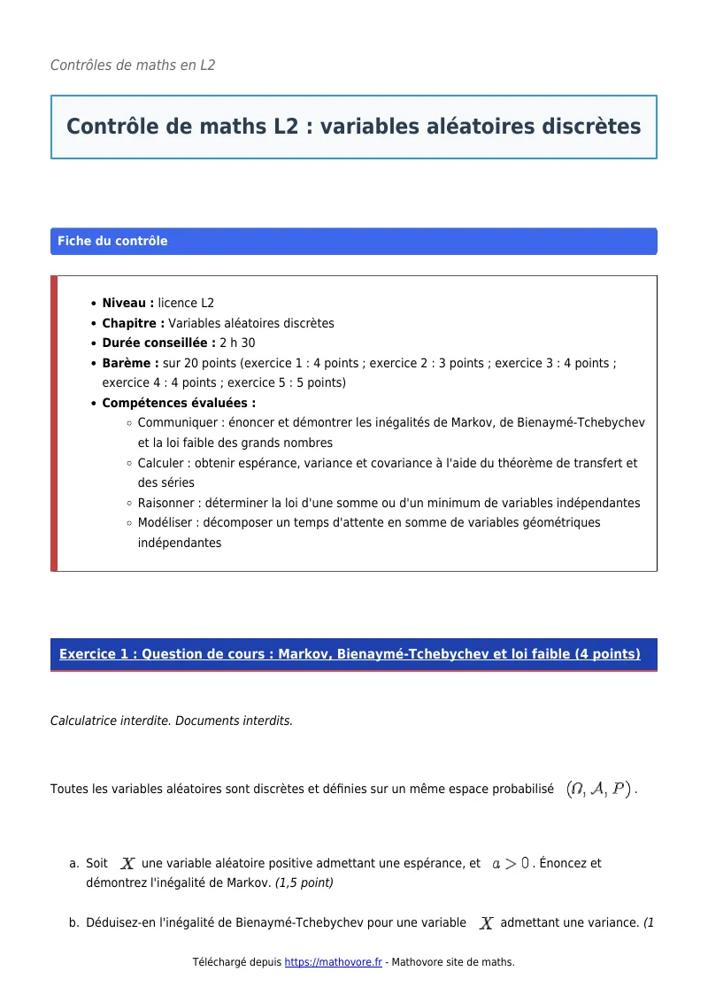Contrôle de maths en L2 : Variables aléatoires discrètes corrigé en PDF