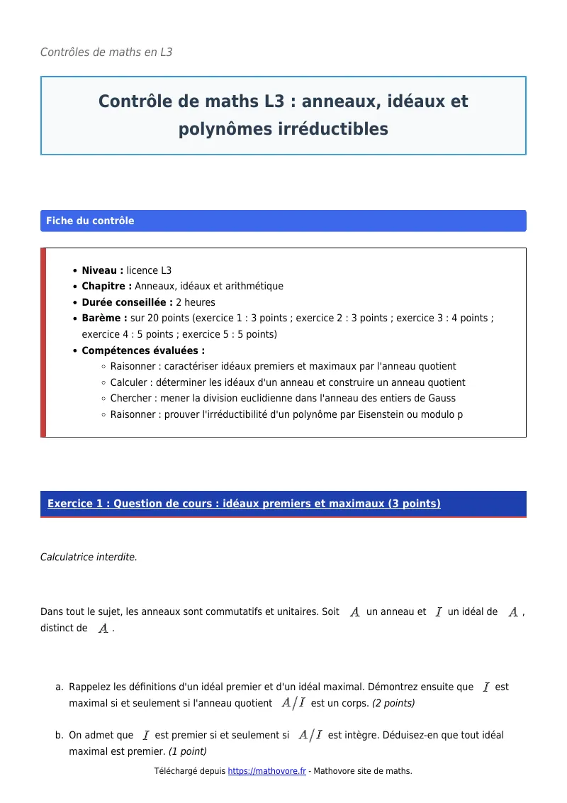 Contrôle de maths en L3 : Anneaux, idéaux et polynômes irréductibles corrigé en PDF