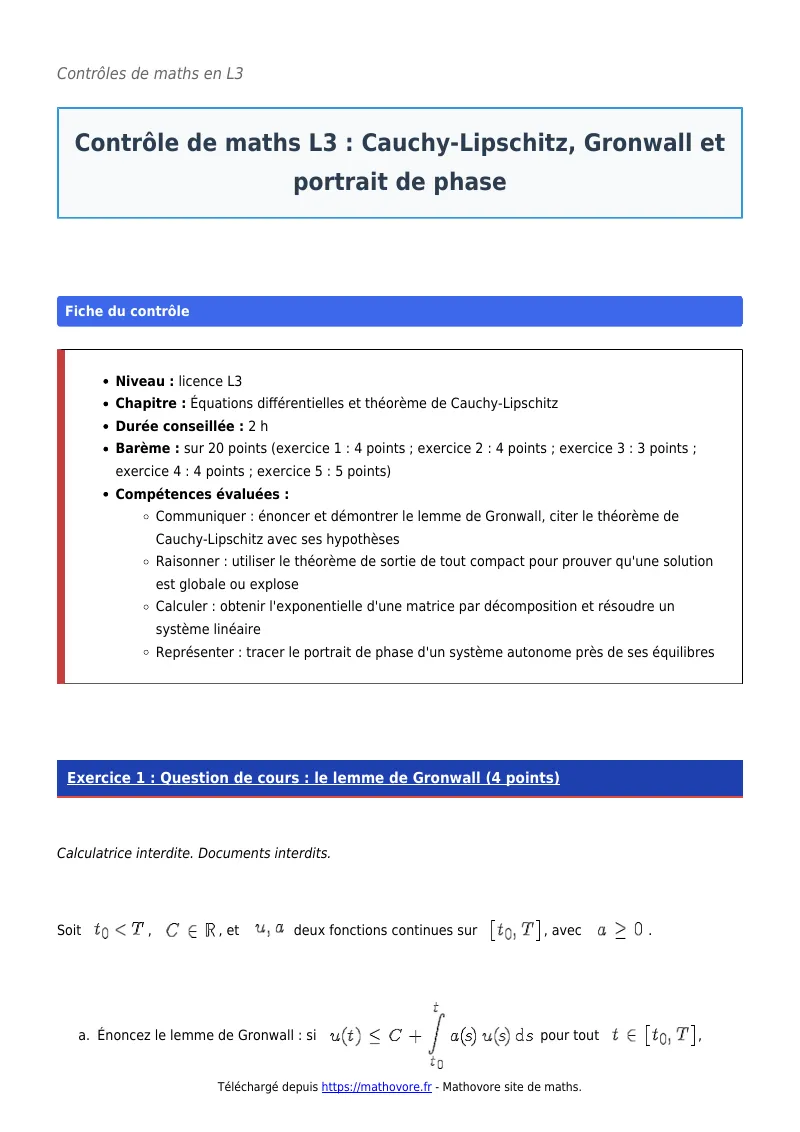 Contrôle de maths en L3 : Cauchy-Lipschitz, Gronwall et portrait de phase corrigé en PDF