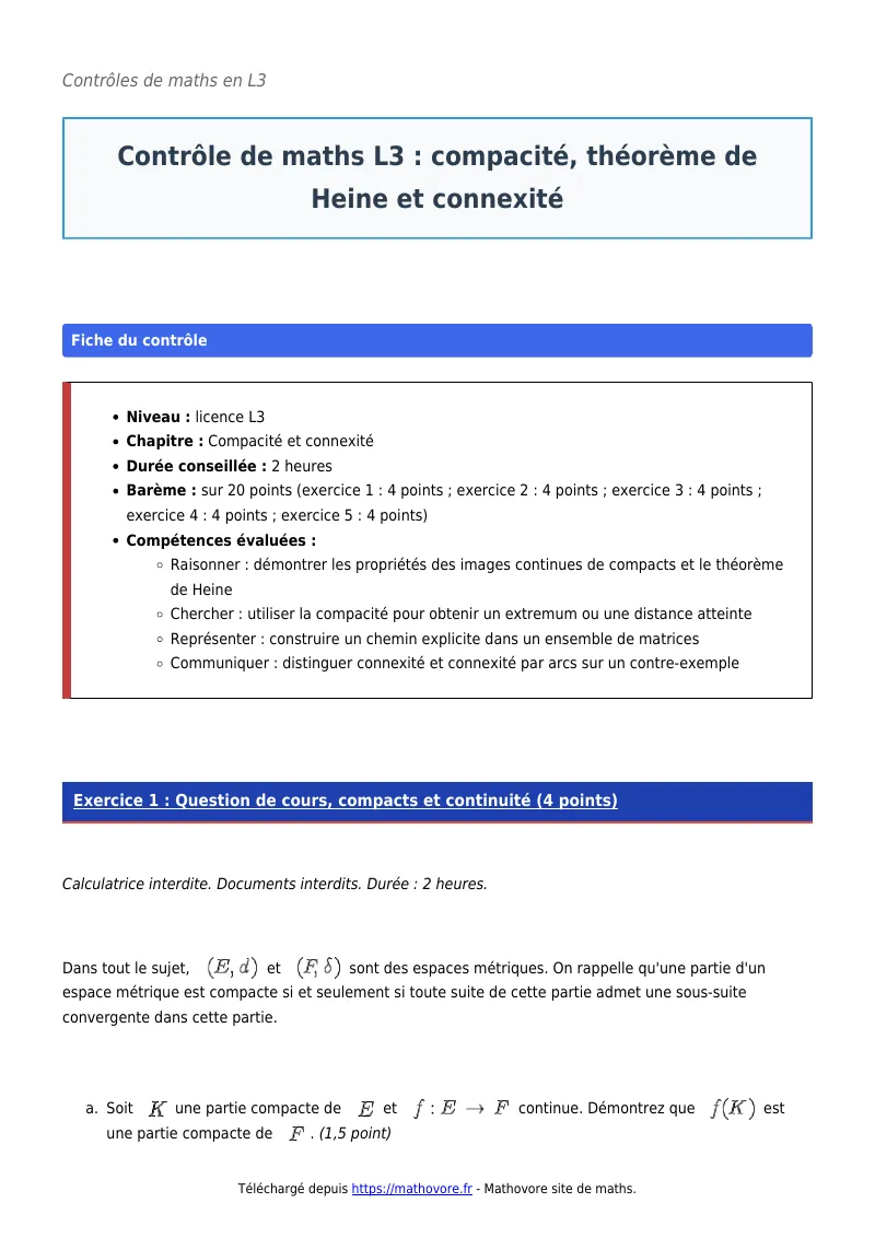 Contrôle de maths en L3 : Compacité, théorème de Heine et connexité à télécharger corrigé en PDF