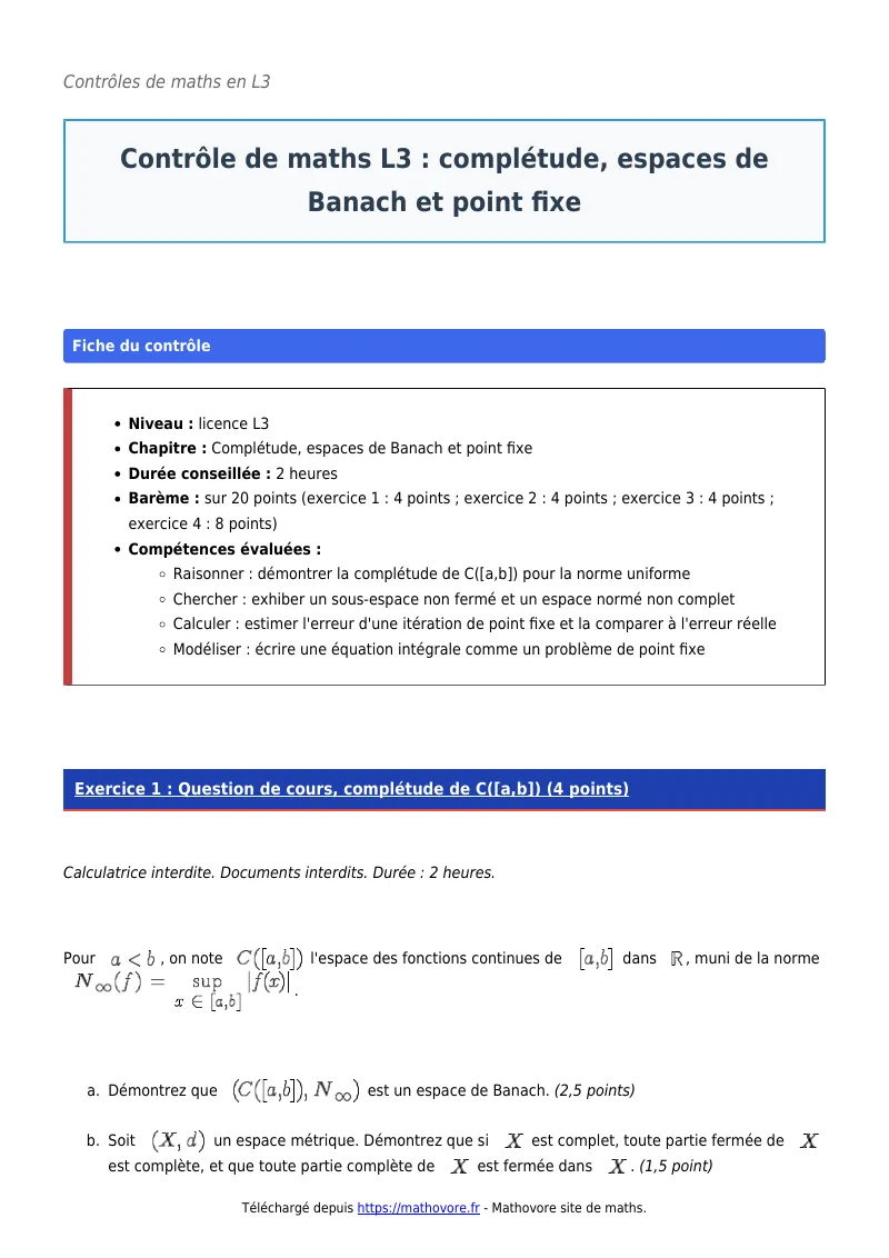 Contrôle de maths en L3 : Complétude, espaces de Banach et point fixe à télécharger corrigé en PDF