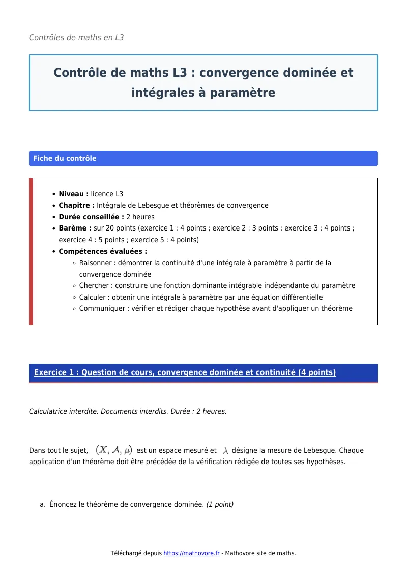 Contrôle de maths en L3 : Convergence dominée et intégrales à paramètre à télécharger corrigé en PDF