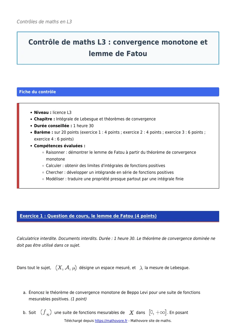 Contrôle de maths en L3 : Convergence monotone et lemme de Fatou corrigé en PDF