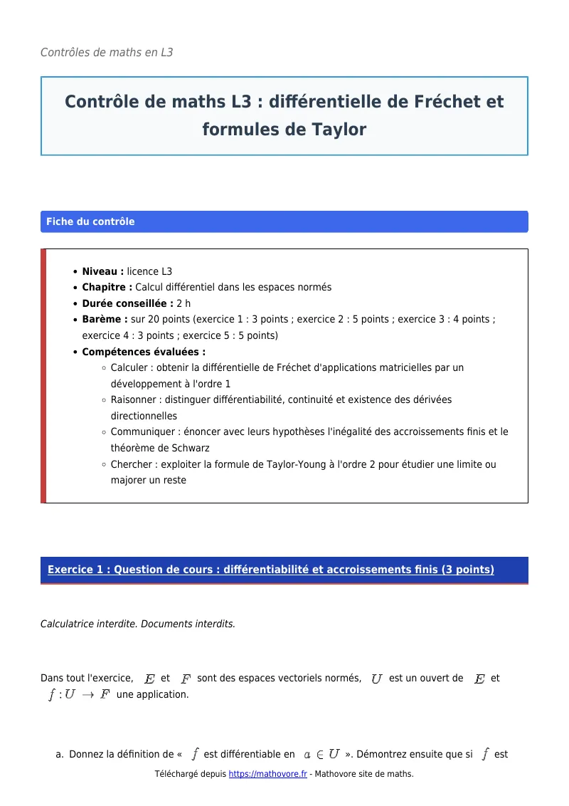 Contrôle de maths en L3 : Différentielle de Fréchet et formules de Taylor corrigé en PDF