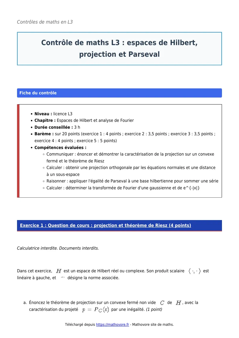 Contrôle de maths en L3 : Espaces de Hilbert, projection et Parseval corrigé en PDF